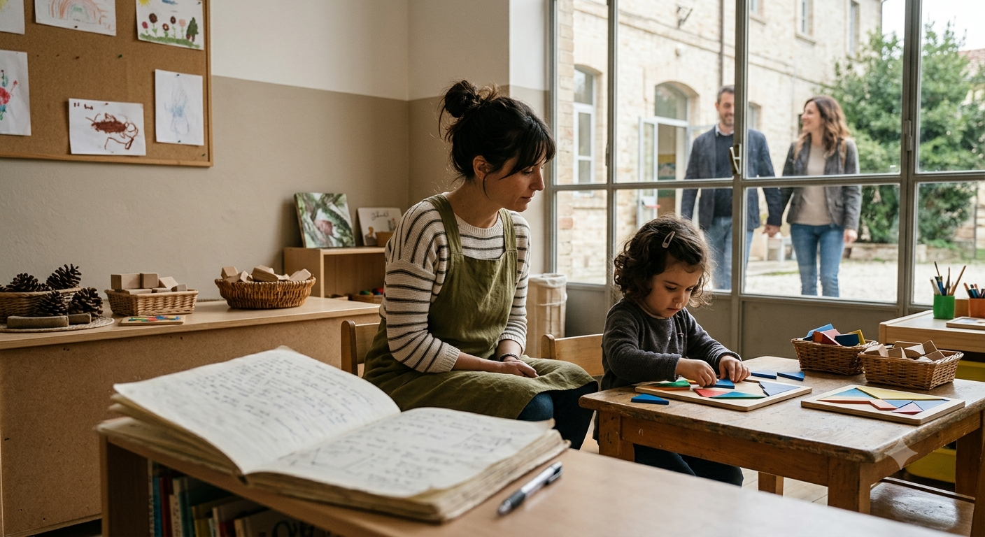 Insegnante che osserva un bambino durante un'attività in classe, mentre i genitori si intravedono sullo sfondo, a rappresentare la relazione tra scuola, famiglia e progettazione educativa. Imagine generata con IA