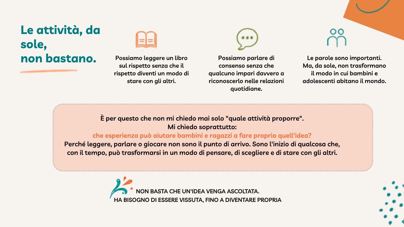 Schema sulla progettazione educativa che mostra come libri, dialogo e attività non siano sufficienti da soli: ciò che trasforma bambini e ragazzi è l'esperienza vissuta.